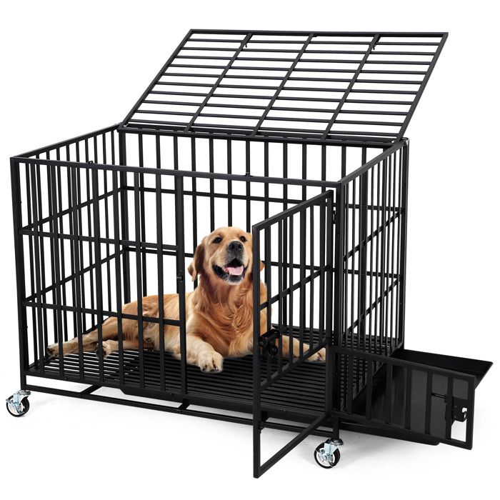 Cage pour Chien en Métal Renforcé 3 Portes Roulettes Bac Extrable Grands Chiens Intérieur/Extérieur 107*75*86cm  Noir