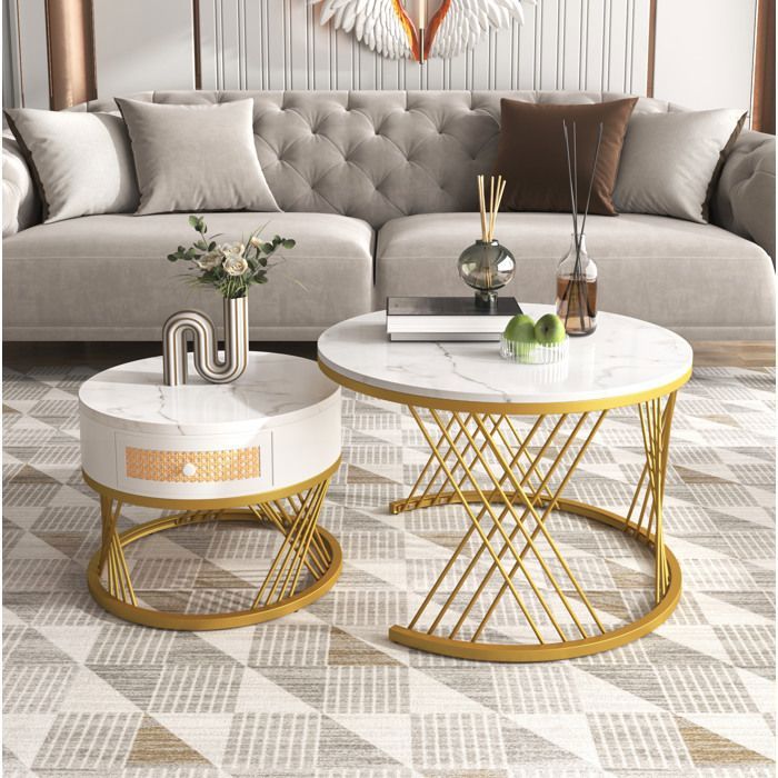 Lot de 2 tables basses rondes blanc/or L 70 x P 70 x H 455 cm plateau MDF marbré tiroir