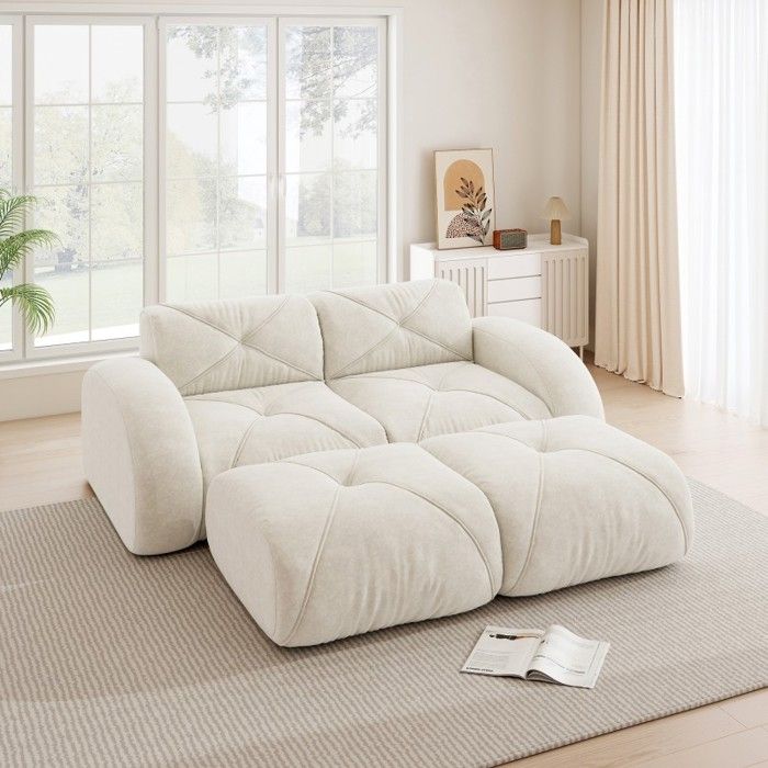 Canapé modulaire 2 places sans cadre avec 2 poufs chenille blanc doux sofa antidérapant sans montage pour salon et appartement