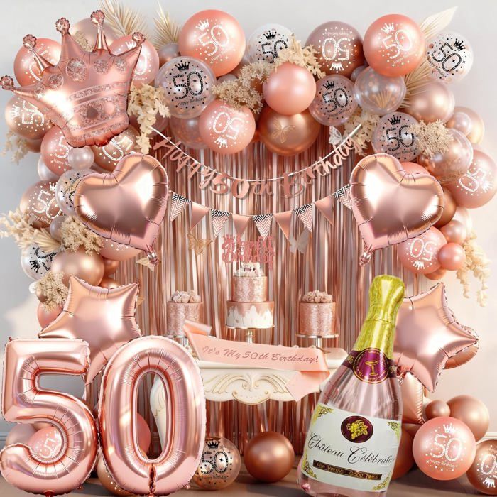 Décoration Anniversaire 50 Ans Femme Or Rose - Ballons et Bannière Joyeux Anniversaire pour Fête