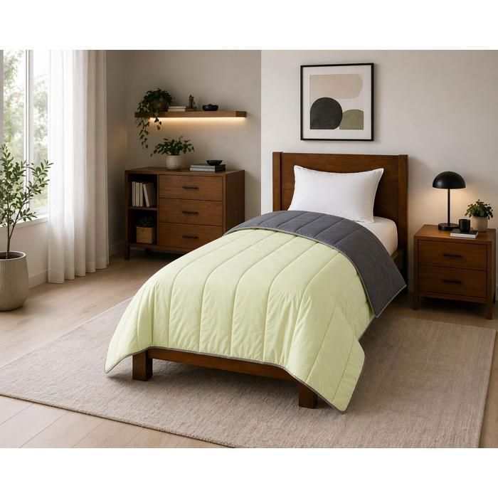 Couette Ultra légère Bicolore vert clair/gris anthracite - 1 personne 140 x 200 - Spécial été - MORTREUX