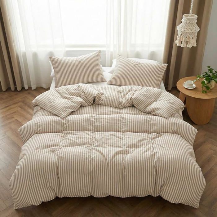 Covebett Housse de Couette 200x200 Rayée Beige Marron Rayures Moderne Parure de Lit Adulte 2 200 x 200 + 2 x 65 x 65 Rayée Marron