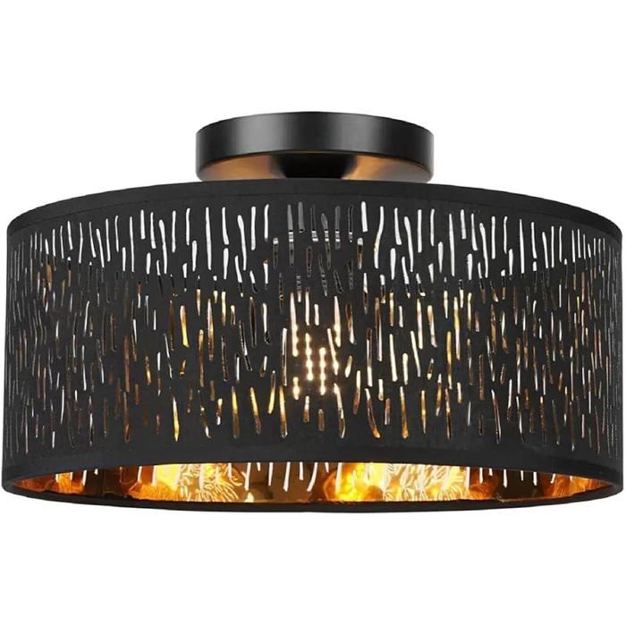 Plafonnier moderne noir ajouré rond Ø30cm Plafonnier E27 1 flamme Tissu Abat-jour Lampe pour Ø30cm-Plafonnier Noir LUSTRE