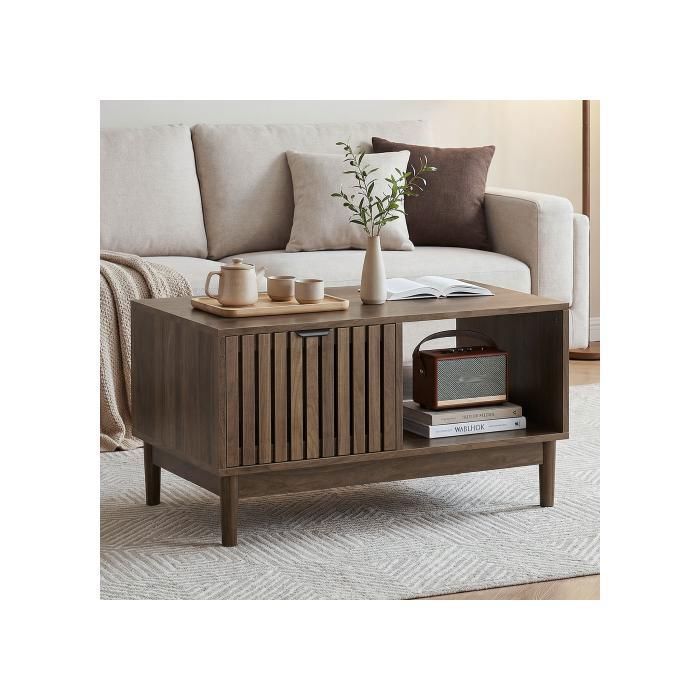 Table basse de salon finition noyer avec niche de rangement étagères ouvertes 1 tiroir pieds en bois