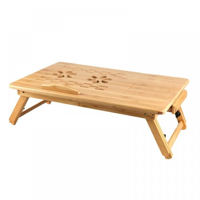 KEDIA Table dappoint bambou Avec tiroir Pliable Pour ordinateur portable Hauteur réglable étagère de lit Couleur bois naturel
