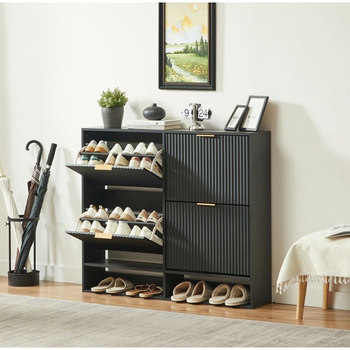 ELVORIN Meuble chaussures 120 x 24 x 102 cm noir MDF abattants plateau pour entree