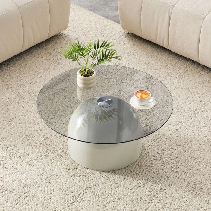 Table basse ronde gris verre trempé piètement acier carbone 70cm meuble salon café design moderne 70x70x30cm