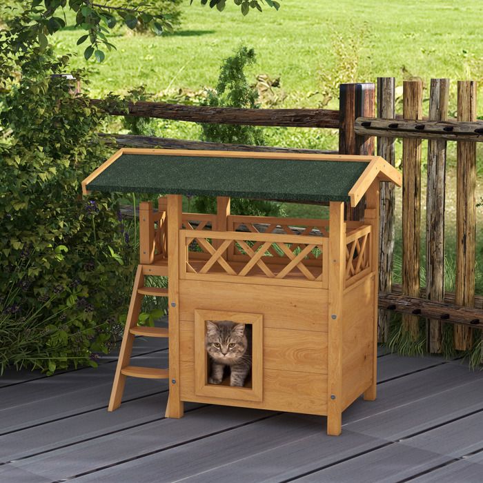 Maison pour chats 2 niveaux 77 x 50 x 73 cm naturel toit bitumé escalier et balcon pour extérieur