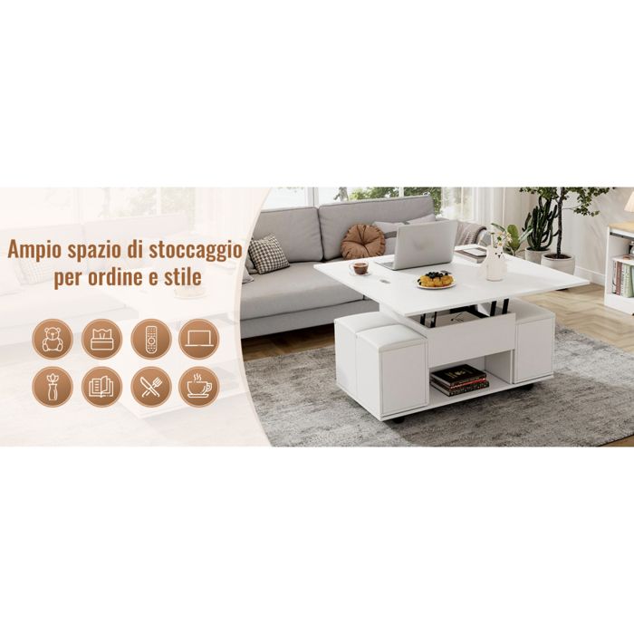 Table basse relevable 3 en 1 multifonction convertible en table à manger ou bureau avec rangement roulettes et 4 tabourets blanc