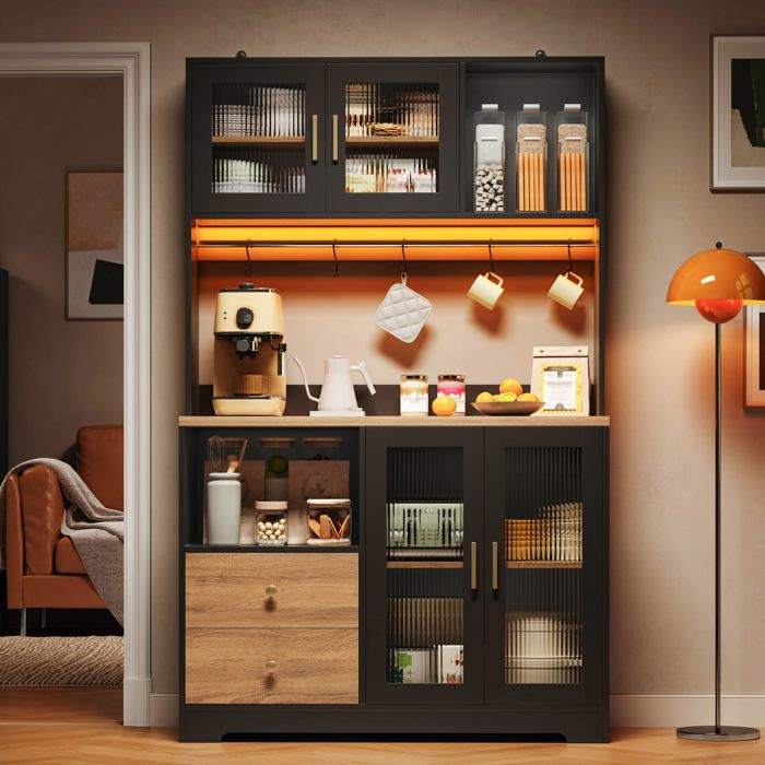 Buffet haut de cuisine 110x40x178 cm LED RGB via appli 2 prises+2 USB 4 portes en verre trempé MDF noir avec plateau effet bois