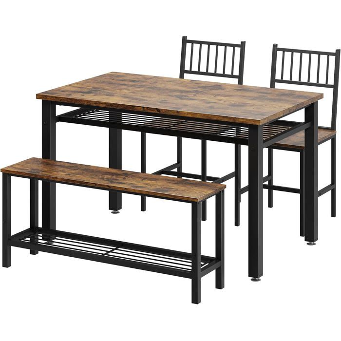 Ensemble salle à manger pour 4 personnes 4 pièces - 1 table 2 chaises et 1 banquette avec étagère petit appartement Noir+Marron