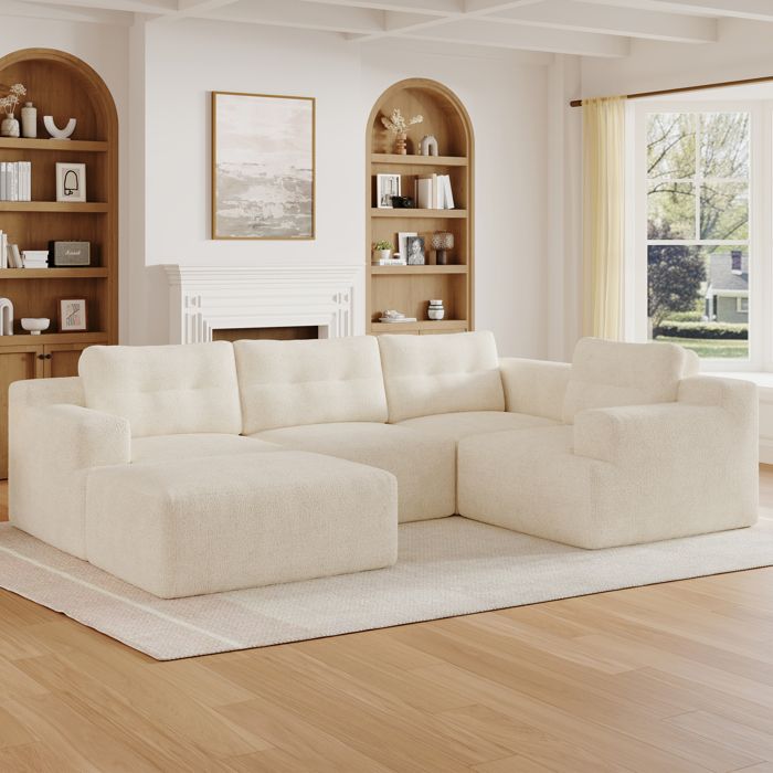 Canapé modulable 5 places en L ou en U sans montage - BEAUNIV - structure mousse chenille beige
