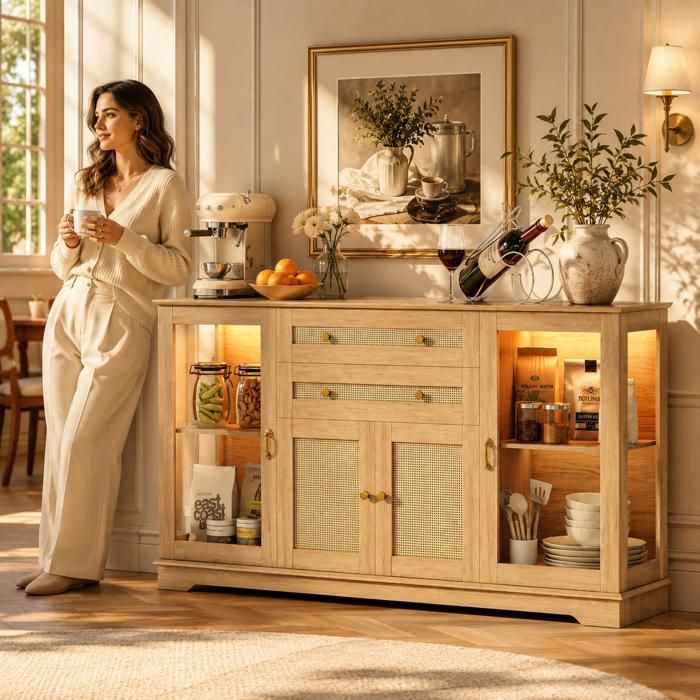 Buffet bas de cuisine naturel - AKABER - 2 portes vitrées - 2 portes en bois - 2 tiroirs - 140x86x40 cm - Éclairage LED