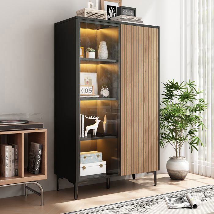 Vitrine LED - Noir et Bois - avec 2 Portes 8 Rangements Verre Trempé Push-to-Open 90 × 40 × 135 cm
