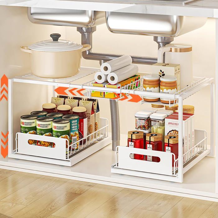 Rangement sous évier extensible 2 niveaux en métal blanc - hauteur réglable 32-40 cm largeur 58-75 cm - acier carbone