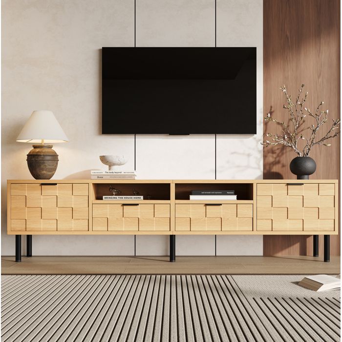 Meuble TV bois clair 200 cm 2 tiroirs et 2 portes battantes décoration carrée 3D meuble TV salon pour écran jusquà 80 pouces