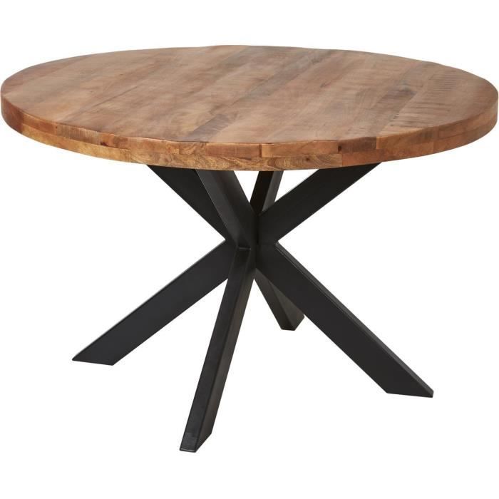table de repas asuna beige - plateau bois mango massif pieds metal noir 120 x 120