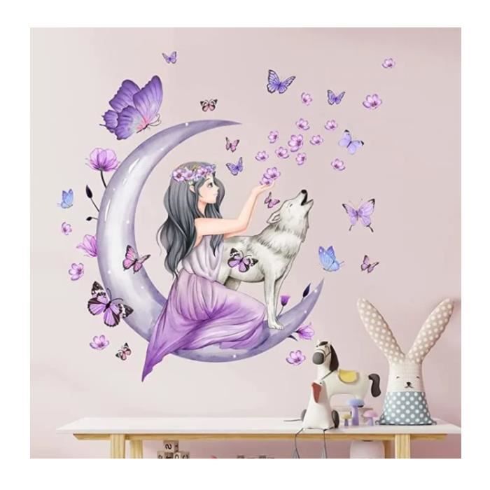 Sticker Mural Fille fée Papillon Violet Fleurs Décalques muraux DIY Moon  Wolf Amovible et imperméable pour Chambre d'enfant Fille