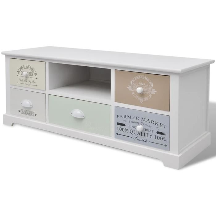 Meuble TV - Maison de campagne - Bois - Blanc - 5 tiroirs - Dimensions : 100 x 35 x 40 cm