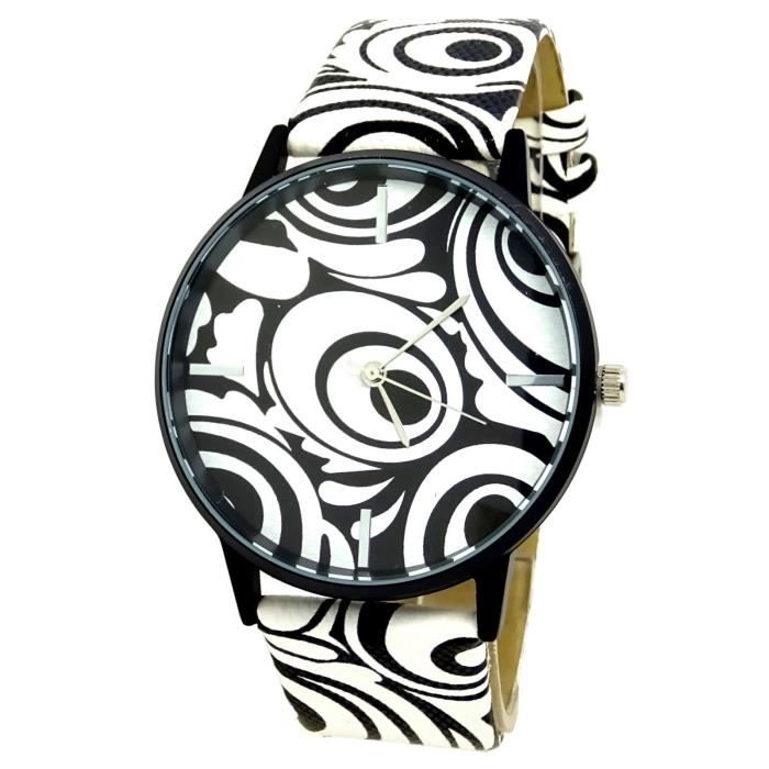 MONTRE FEMME NOIR BLANC ROND SPIRALE ORIGINAL ART DECO DESIGN FUN