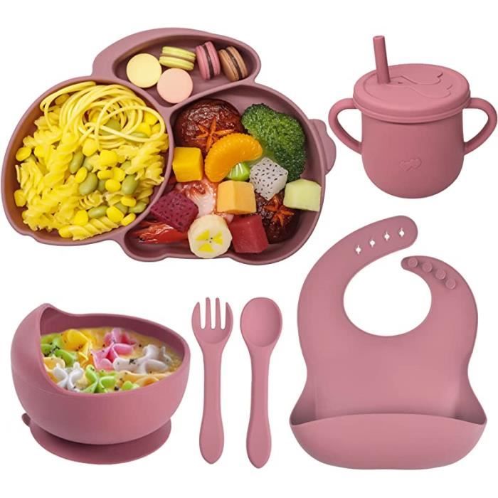 Set Repas Bébé 6 Pièces – Assiette Ventouse, Bol, Gobelet 2-en-1, Couverts, Bavoir – Silicone/inox