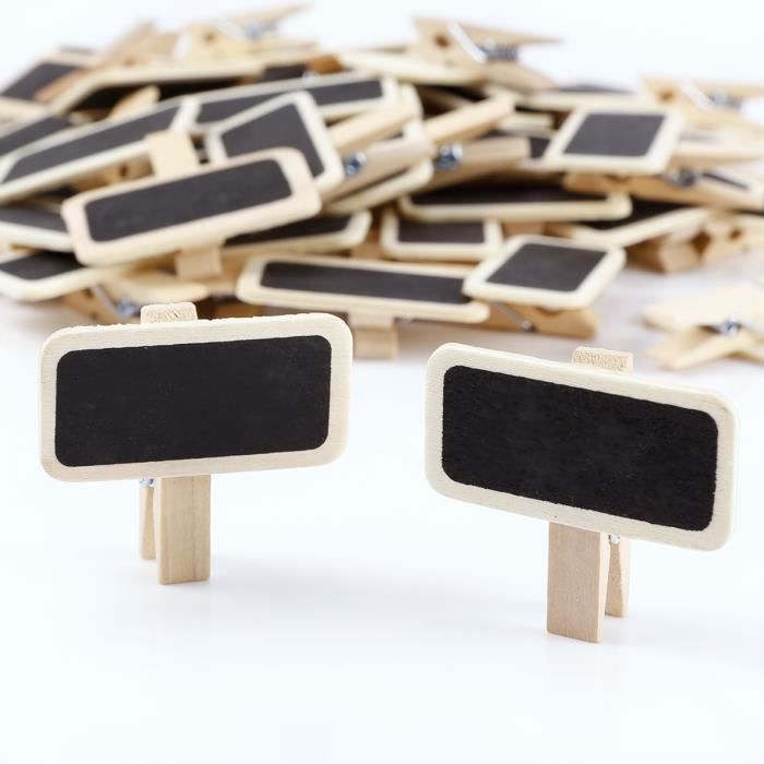 REFURBISHHOUSE 50 Mini Tableau Noir Bois Message Rectangle Ardoise A Pince Clip Carte Panneau memos Etiquette Prix Marque Place Numero Table