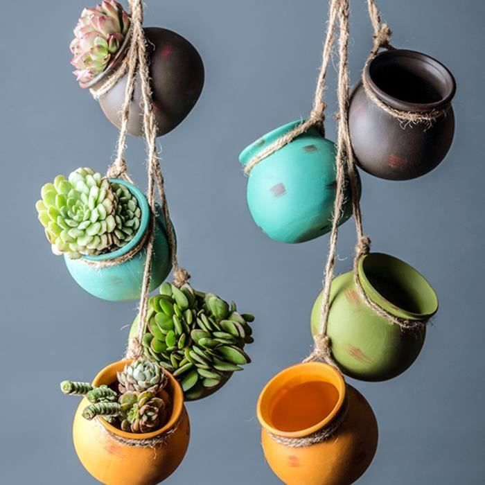 Mini Pot de fleurs en corde de chanvre - Vase suspendu en céramique - jardinière murale - plantes bonsaï