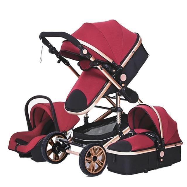 BAZARLAND30 Poussette 3 en 1 Bébé Combinée Siège-Auto Nacelle Trio Réversible Réglable Haute Qualité Roues increvables Canne rouge