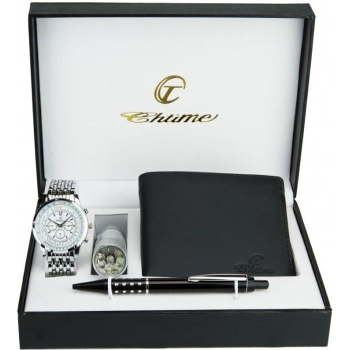 coffret cadeau montre homme blanc- lampe led- portefeuille -stylo