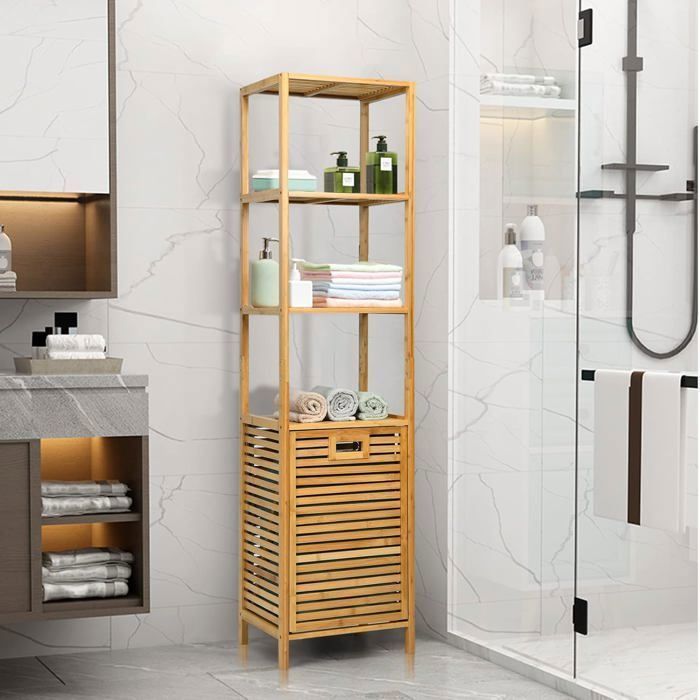 COSTWAY Meuble Salle de Bain Colonne Panier à Linge et 3 Etagères de Rangement en Bambou et Toile dOxford