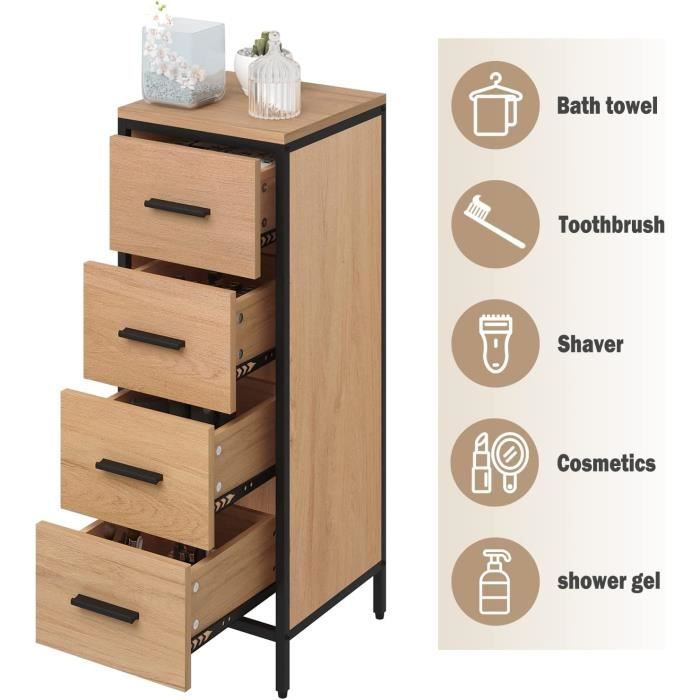 eugad armoire avec 4 tiroirs étagés, commode de rangement en bois artificiel et mdf, cadre en métal noir, 30x30x82cm