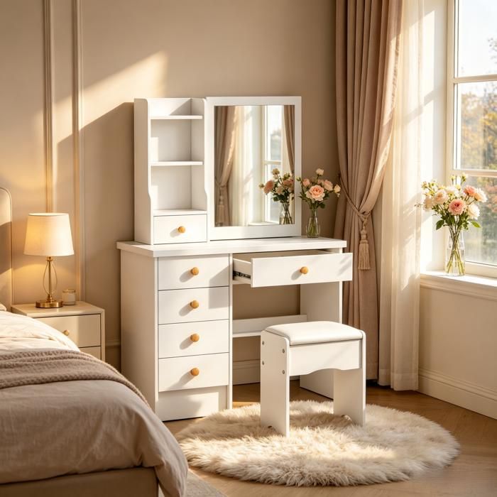Coiffeuse Blanc - Table de Maquillage Moderne avec Miroir Coulissant - FLASIDU - 6 Tiroirs - 3 étagères - 80*37*122cm ( L x l x H )