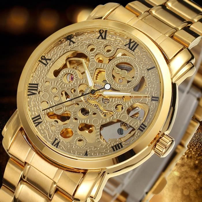 Montre squelette automatique mécanique pour homme, cadran argenté doré