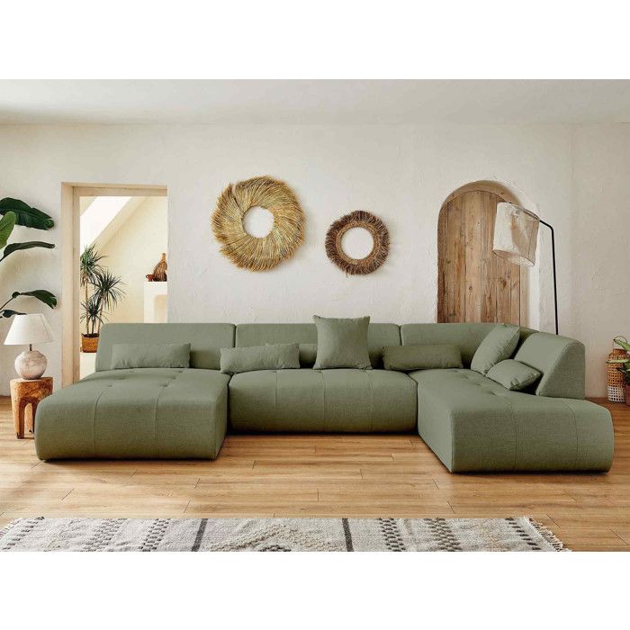 Onyx - canapé panoramique dangle droit 7 places - en tissu - Vert sauge