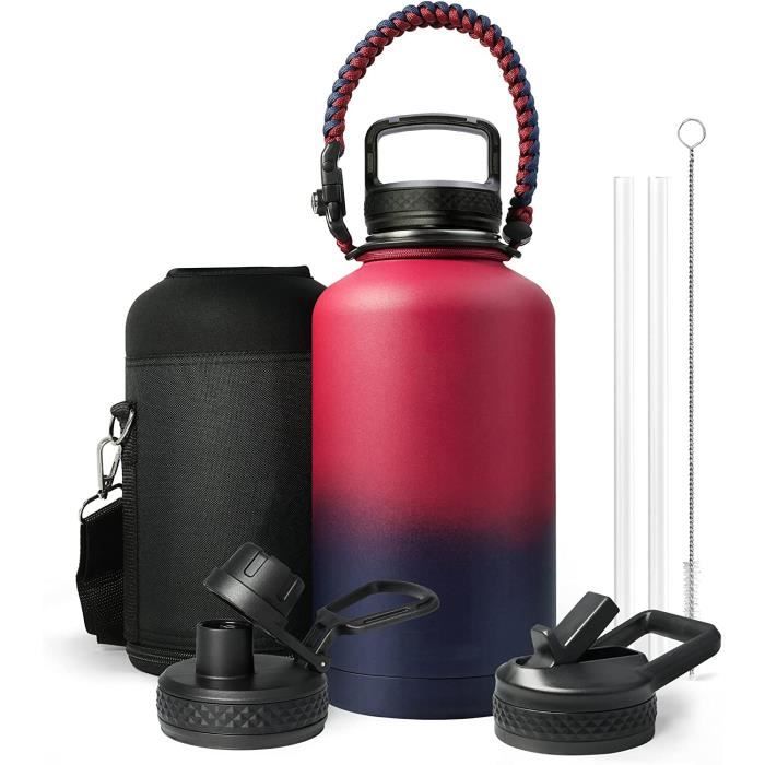 Gourde Isotherme Trebo 1800 Ml - Triple Paroi Acier Inox, Garde Au Chaud 24h Et Froid 48h - 3 Couvercles, Paracorde
