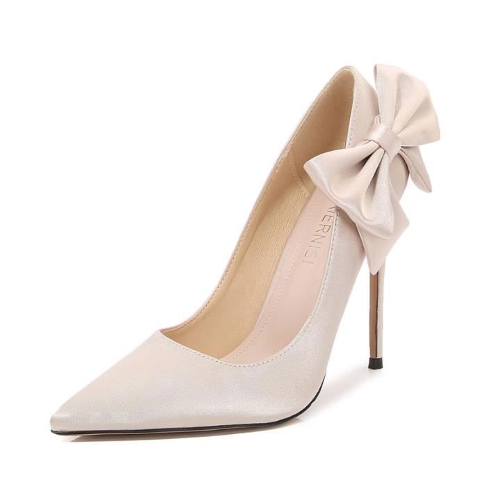 Escarpins Pointus Soiree en Satin Beige GRMTCOLT avec Noeud Papillon Talons Hauts 12cm pour Femme