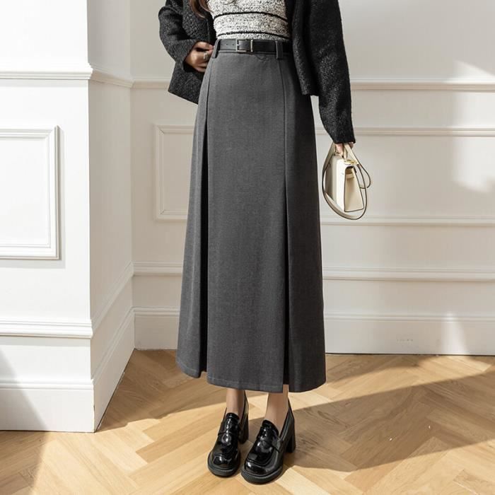 Jupe Jupe longue plissee en laine pour femmes taille haute couleur unie retro avec ceinture marron noir gris GRAY E82471 Blanc Cdiscount Pret a Porter