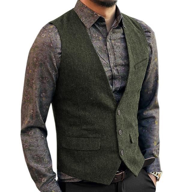 Vert militaire - Gilet De Costume En Tweed Noir Et Gris Pour Hommes, Gilet Sans Manches, Coupe 
