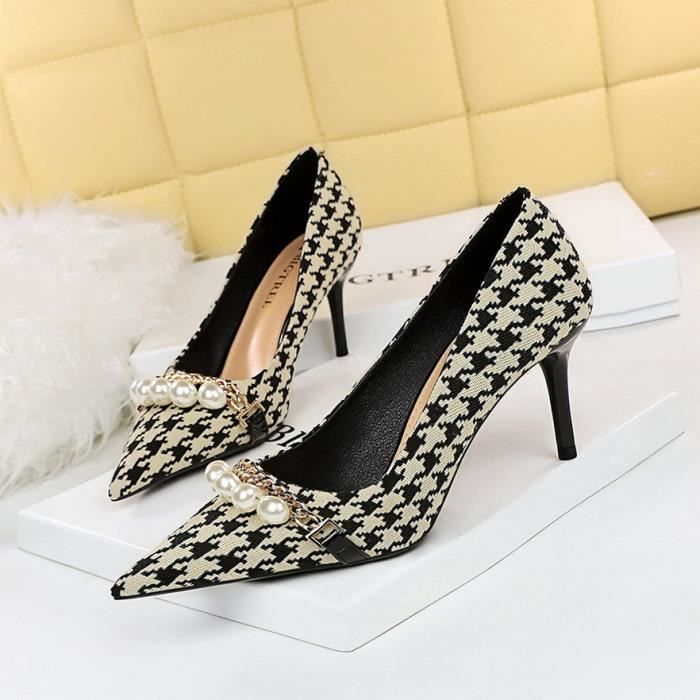 Escarpin Femme Talons Aiguilles Chaine Carreaux Noir 7cm