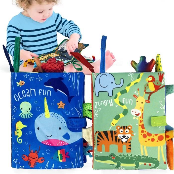 OLY MAGIC - Jouet de livre bébé en tissu suspendu - Animaux de la Jungle &  la Vie Marine - Bleu - 6 mois et plus