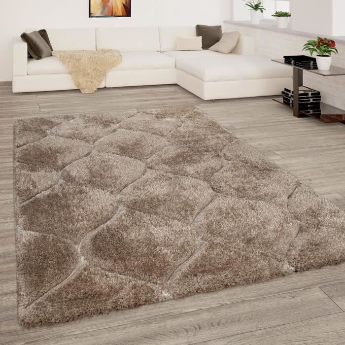 tapis de salon beige brun poils longs shaggy doux moelleux motif vagues 3d 60x100 cm cdiscount maison