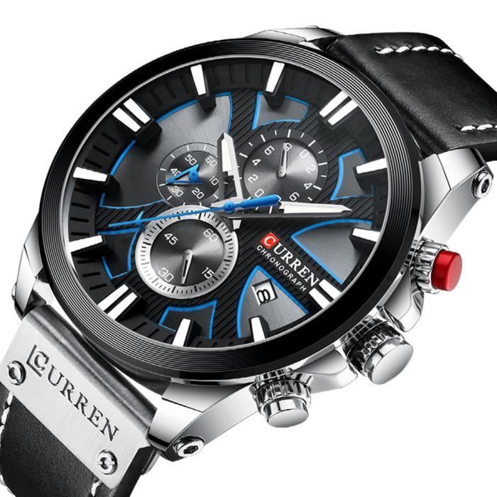 Montre Homme de Marque Chronographe Sport Étanche Bracelet en Cuir