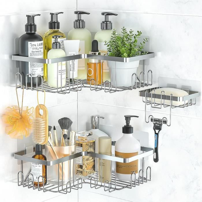 NOSTHEART Lot De 2 Étagères De Douche Adhésives - Rangement Salle De Bain Sans Percage, Acier Inoxydable Drainable Avec Crochets