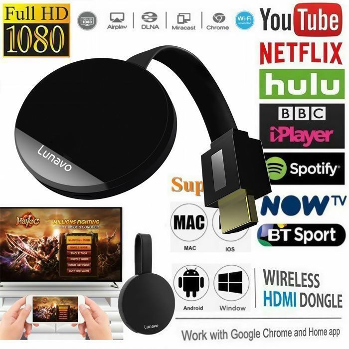 Dongle HDMI Sans Fil 1080P - Compatible TV, Airplay, Miracast, DLNA - Pour IOS, Android, Windows, Mac - Streaming Facile