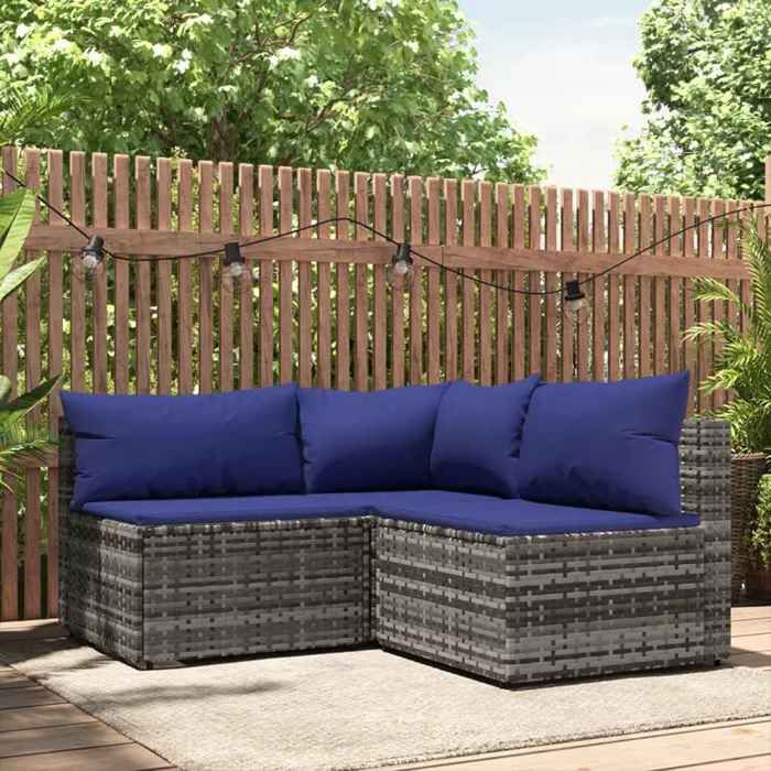 vidaXL Salon de jardin 3 pcs avec coussins Gris Résine tressée ensemble de salon dextérieur ensemble de mobilier 319844