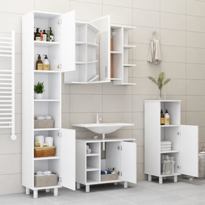 Meuble Salle De Bain Blanc ARKEM - Meuble Vasque Et Armoire Haute Aggloméré