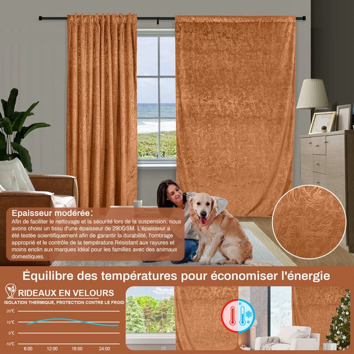 Lot De 2 Rideaux Occultants Velours Bleu Marine 117 X 228 Cm - Isolation Thermique Et Phonique