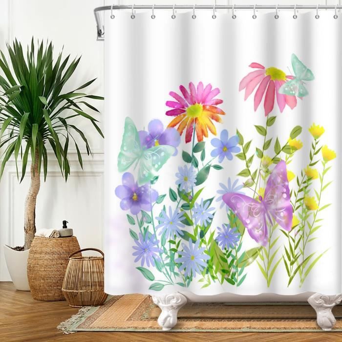 Rideau De Douche Floral Greenery - Rideau Étanche 36x72 Pouces Avec Feuilles Et Fleurs Aquarelle