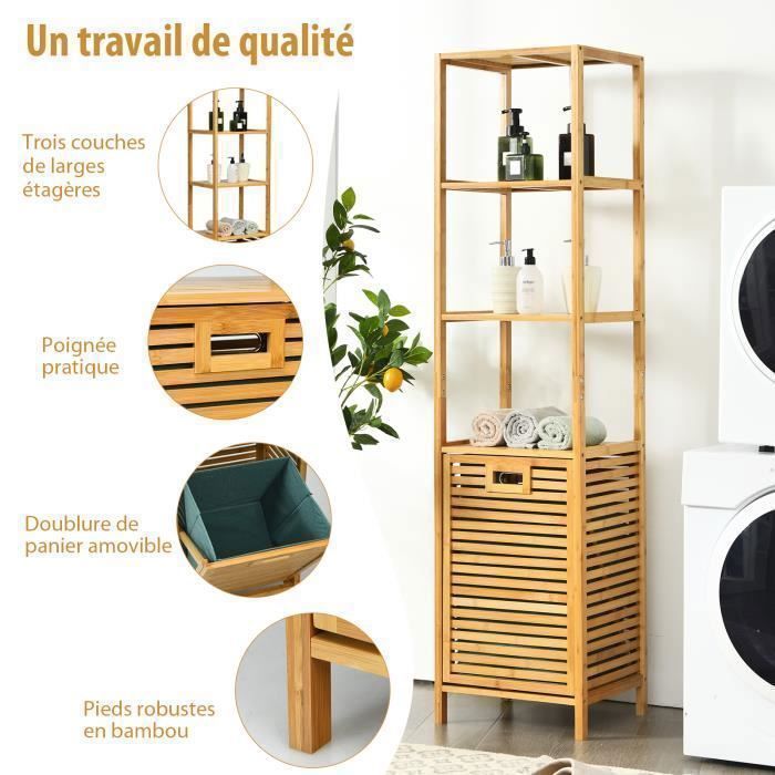 Meuble à Linge 3 Paniers Bambou - Relaxdays - 30x29,5x50 Cm - Marron