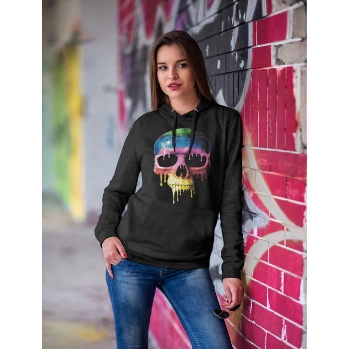 Sweat a capuche CRANE FLUORESCENT TETE DE MORT PEINTURE FLUO PIXEL EVOLUTION Femme Realite Augmentee